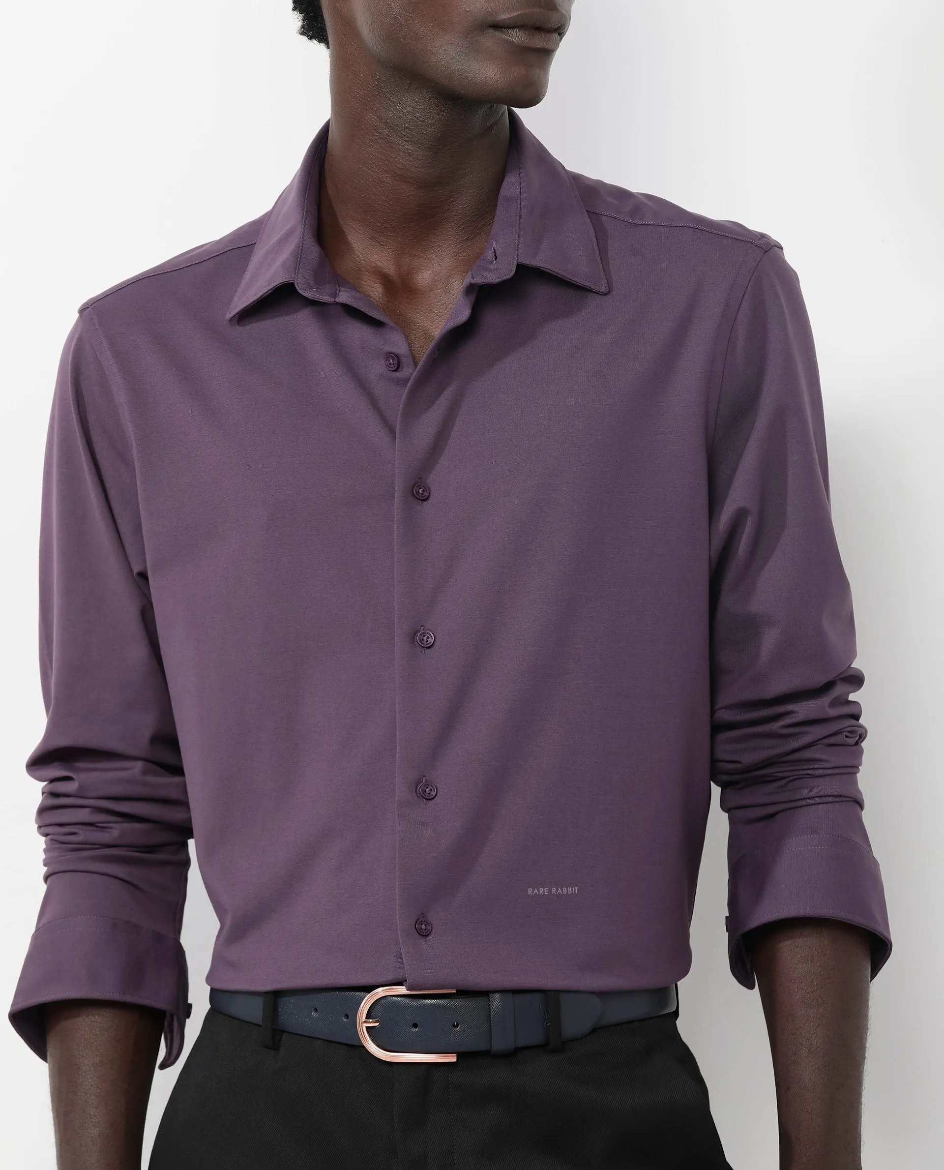 Rare Rabbit Men's Flyknit Dark Purple Cotton Polyester Fabric Full Sleeves Knitted Solid Shirt