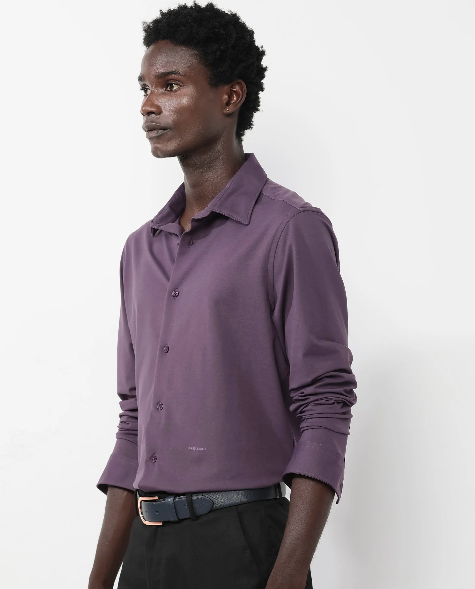Rare Rabbit Men's Flyknit Dark Purple Cotton Polyester Fabric Full Sleeves Knitted Solid Shirt