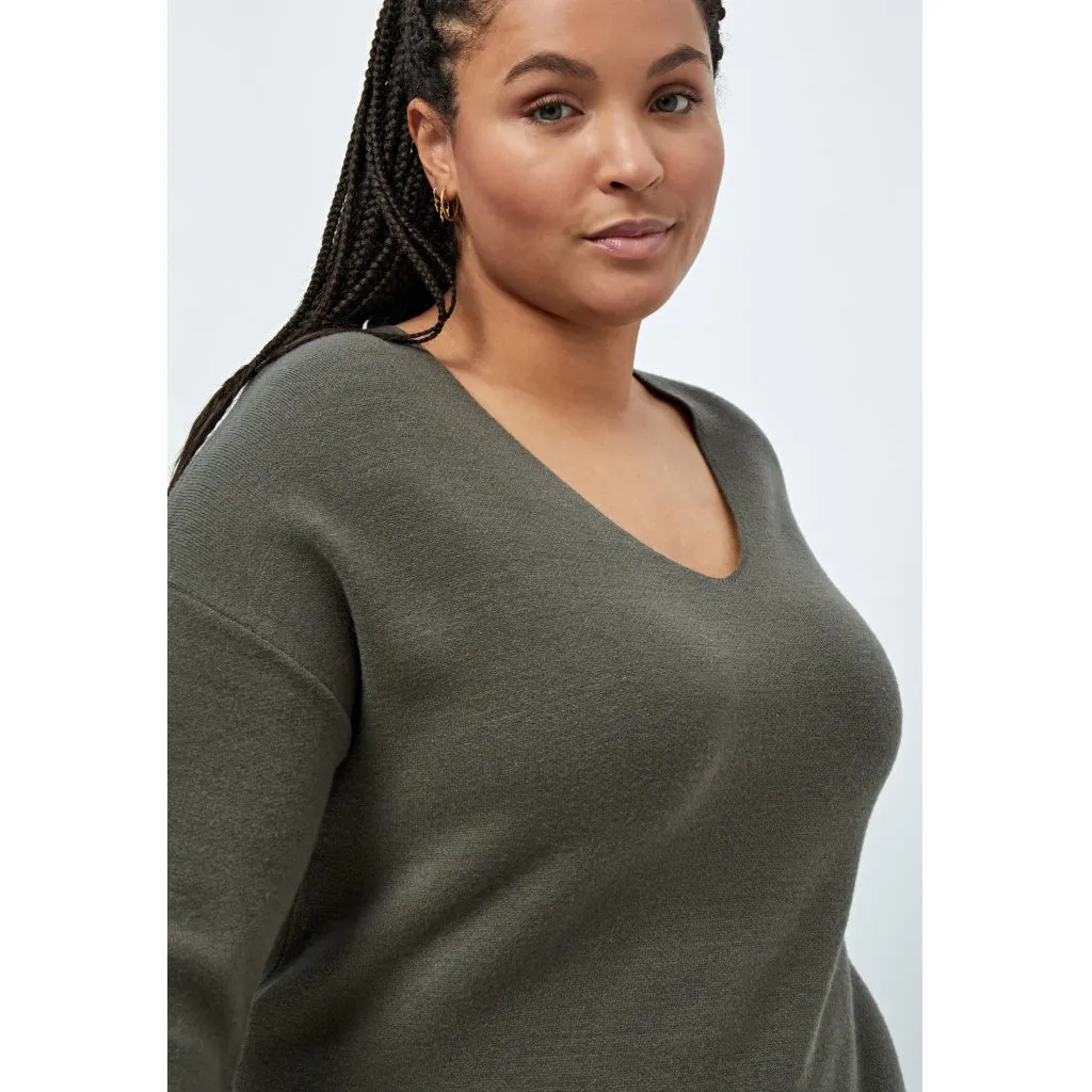 Rosalia V-Neck Knee Length Knit Dress Curve - Green Moss