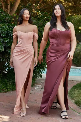 Satin Off-shoulder Prom Dress. Vintage Laced Corset, Waist Wrapped, High Leg Slit