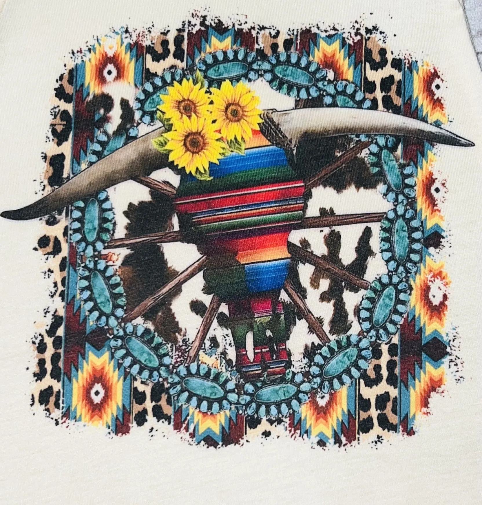 Serape bull skull w/jewels & sunflowers cream ruffle baby romper DLH0824-28