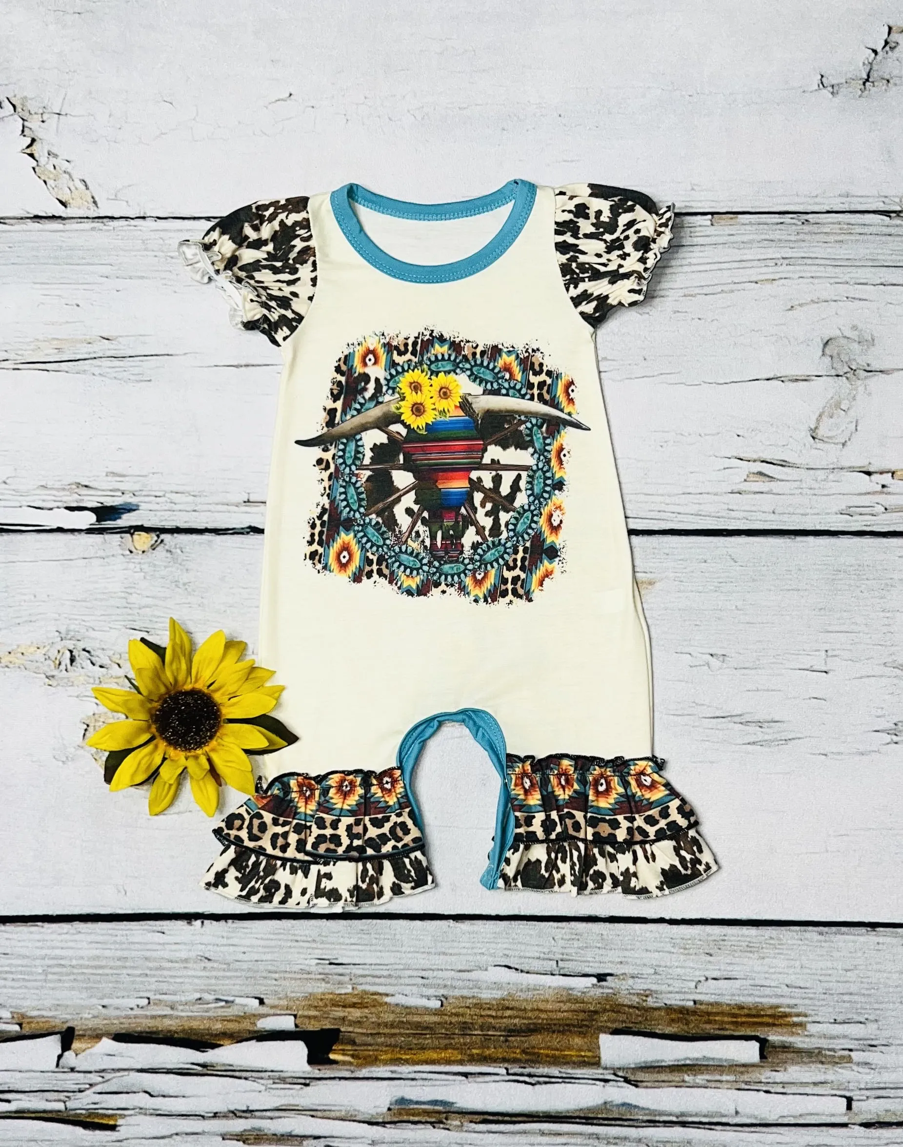 Serape bull skull w/jewels & sunflowers cream ruffle baby romper DLH0824-28