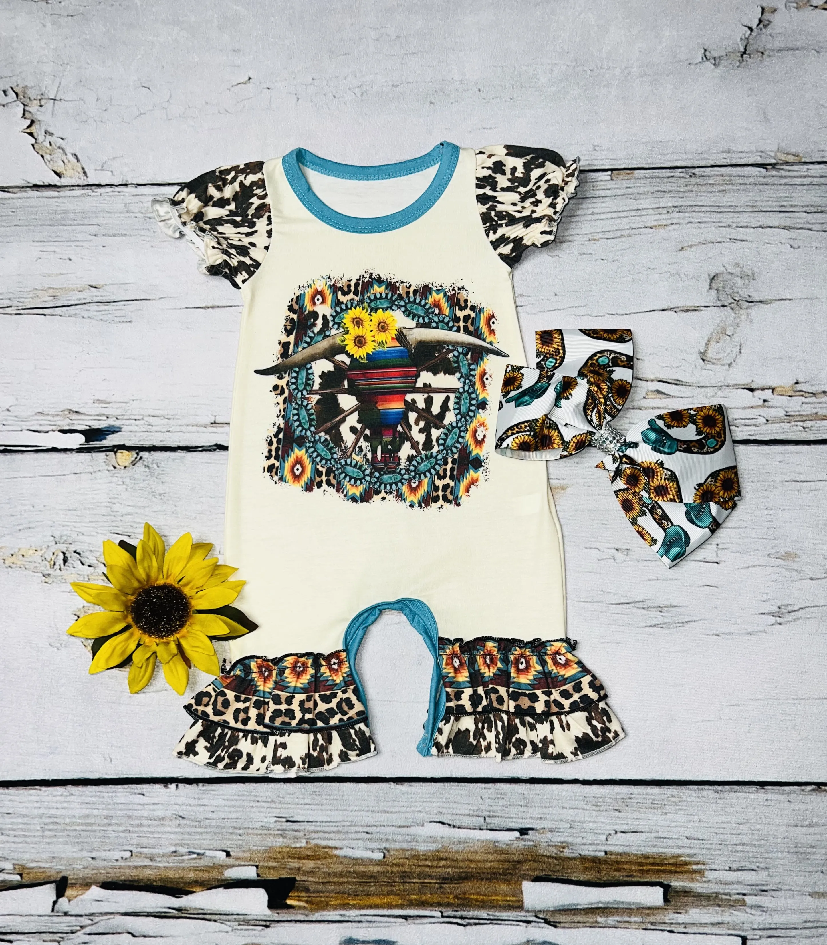 Serape bull skull w/jewels & sunflowers cream ruffle baby romper DLH0824-28