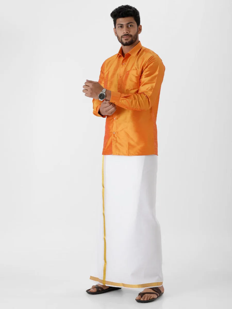 Silk Look Fancy Colour Full Sleeves Orange Shirt & Jari Dhoti Combo