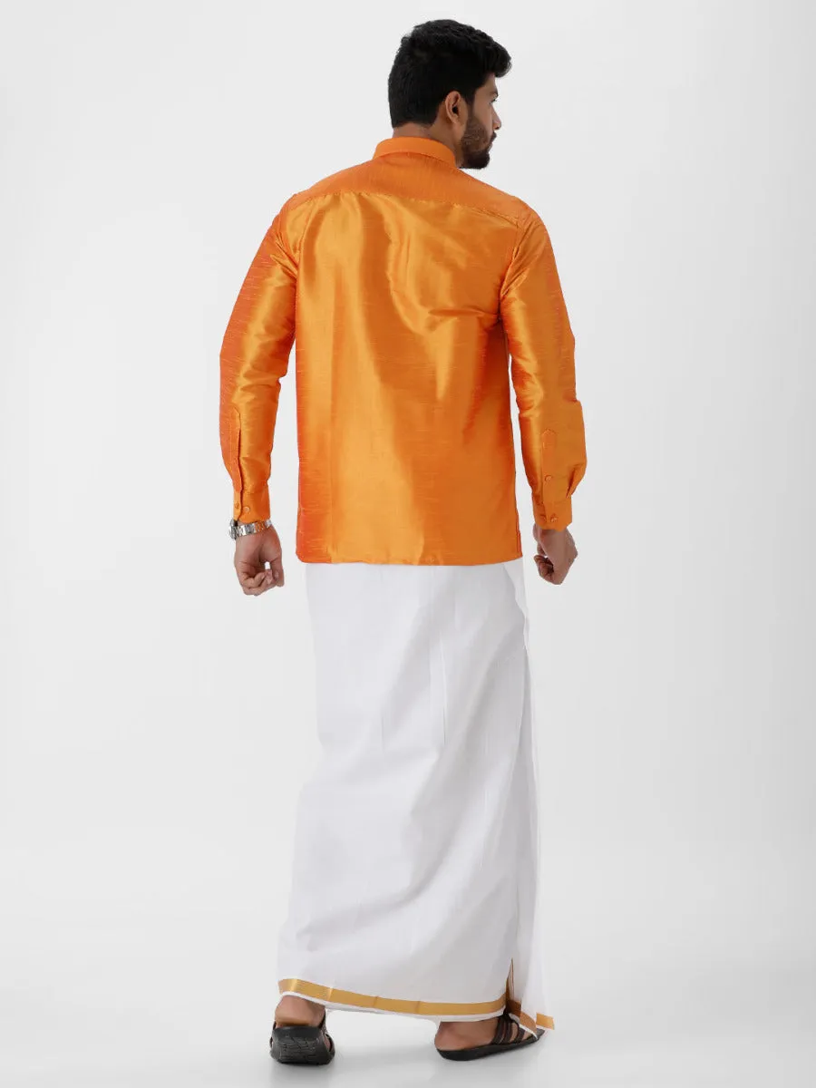 Silk Look Fancy Colour Full Sleeves Orange Shirt & Jari Dhoti Combo