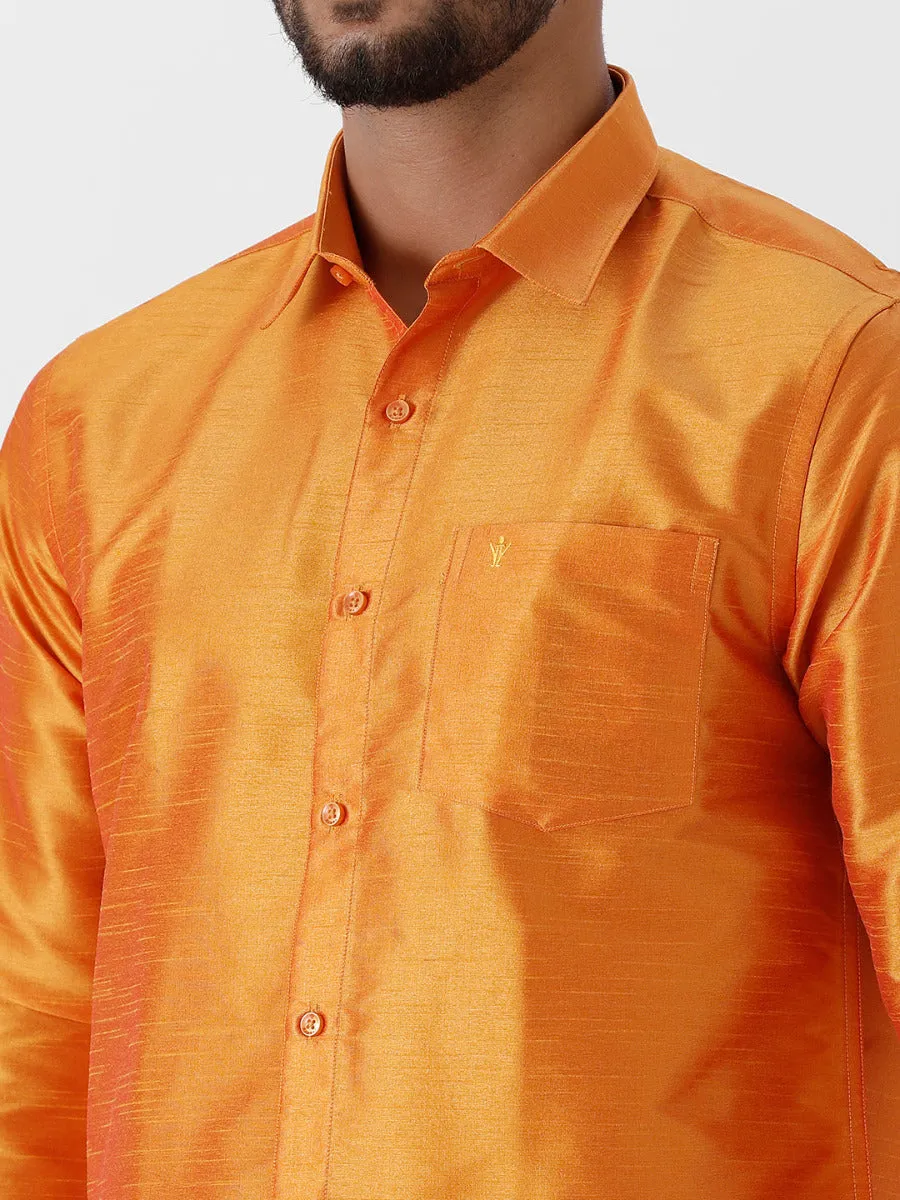 Silk Look Fancy Colour Full Sleeves Orange Shirt & Jari Dhoti Combo