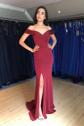 Simple Off Shoulder Mermaid Burgundy Satin Long Prom Dress with Side Slit, Off Shoulder Mermaid Burgundy Formal Graduation Evening Dress