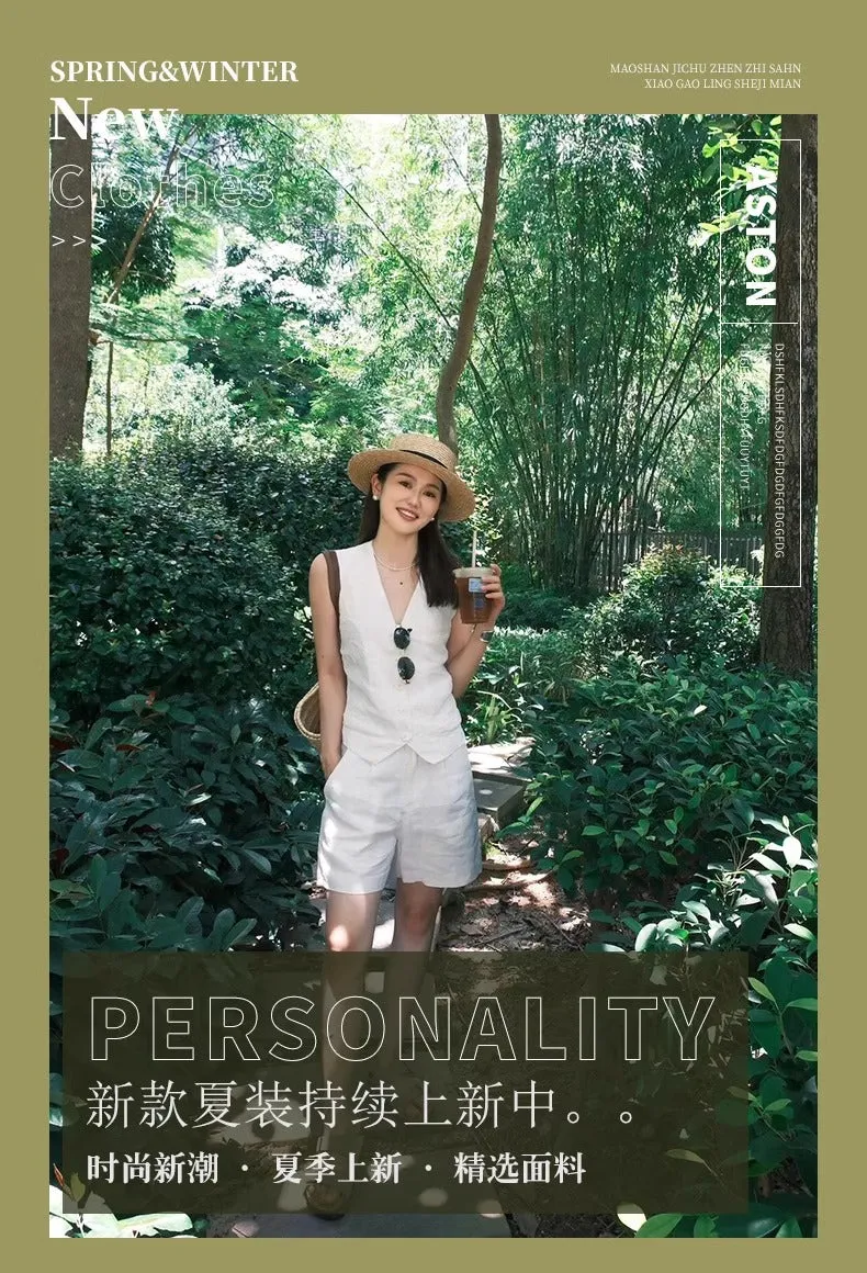 Sleeveless Cotton Linen Linen Suit Women's High-End Summer Wear Cold Style High-Grade Vest Casual Shorts Two-Piece Suit
