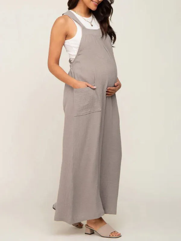 Solid Cotton Maternity Jumpsuit - Comfy Bib Pants Wide-Leg Overalls