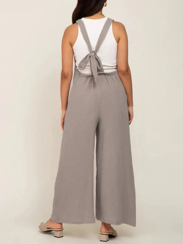 Solid Cotton Maternity Jumpsuit - Comfy Bib Pants Wide-Leg Overalls