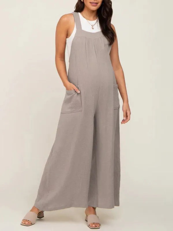 Solid Cotton Maternity Jumpsuit - Comfy Bib Pants Wide-Leg Overalls