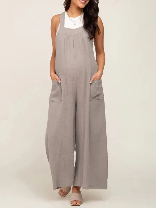 Solid Cotton Maternity Jumpsuit - Comfy Bib Pants Wide-Leg Overalls