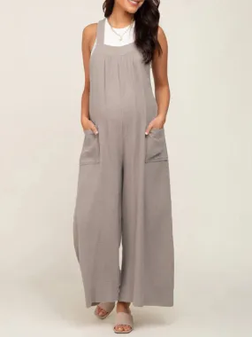 Solid Cotton Maternity Jumpsuit - Comfy Bib Pants Wide-Leg Overalls