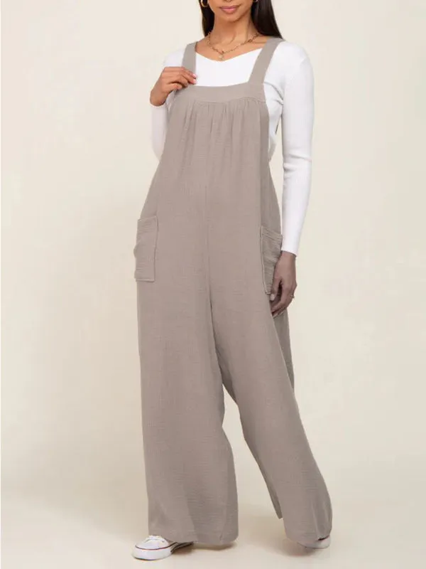 Solid Cotton Maternity Jumpsuit - Comfy Bib Pants Wide-Leg Overalls