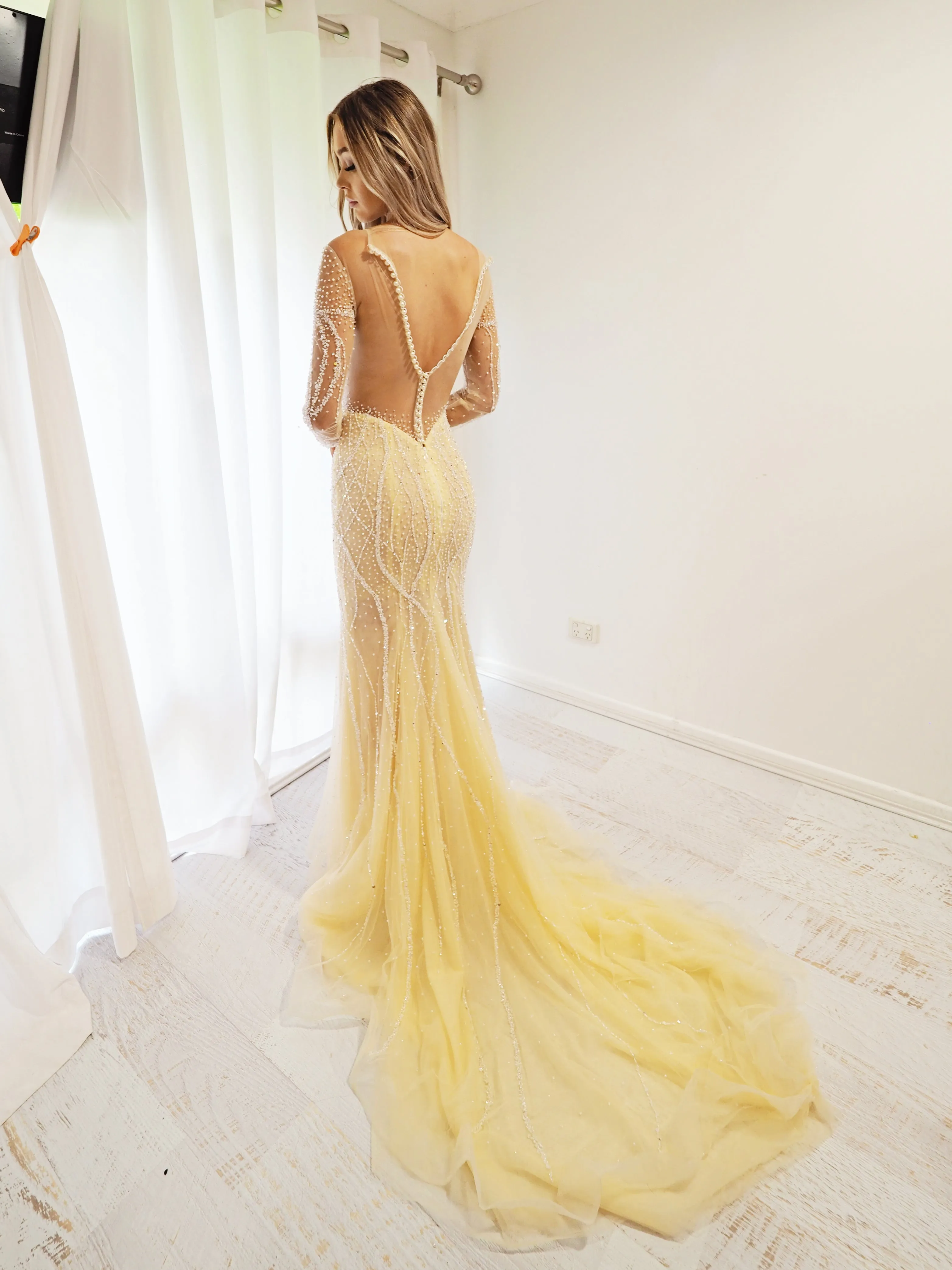 Sparkling Gold Beaded Deep V Mermaid Dress with long sleeves (sample sale)