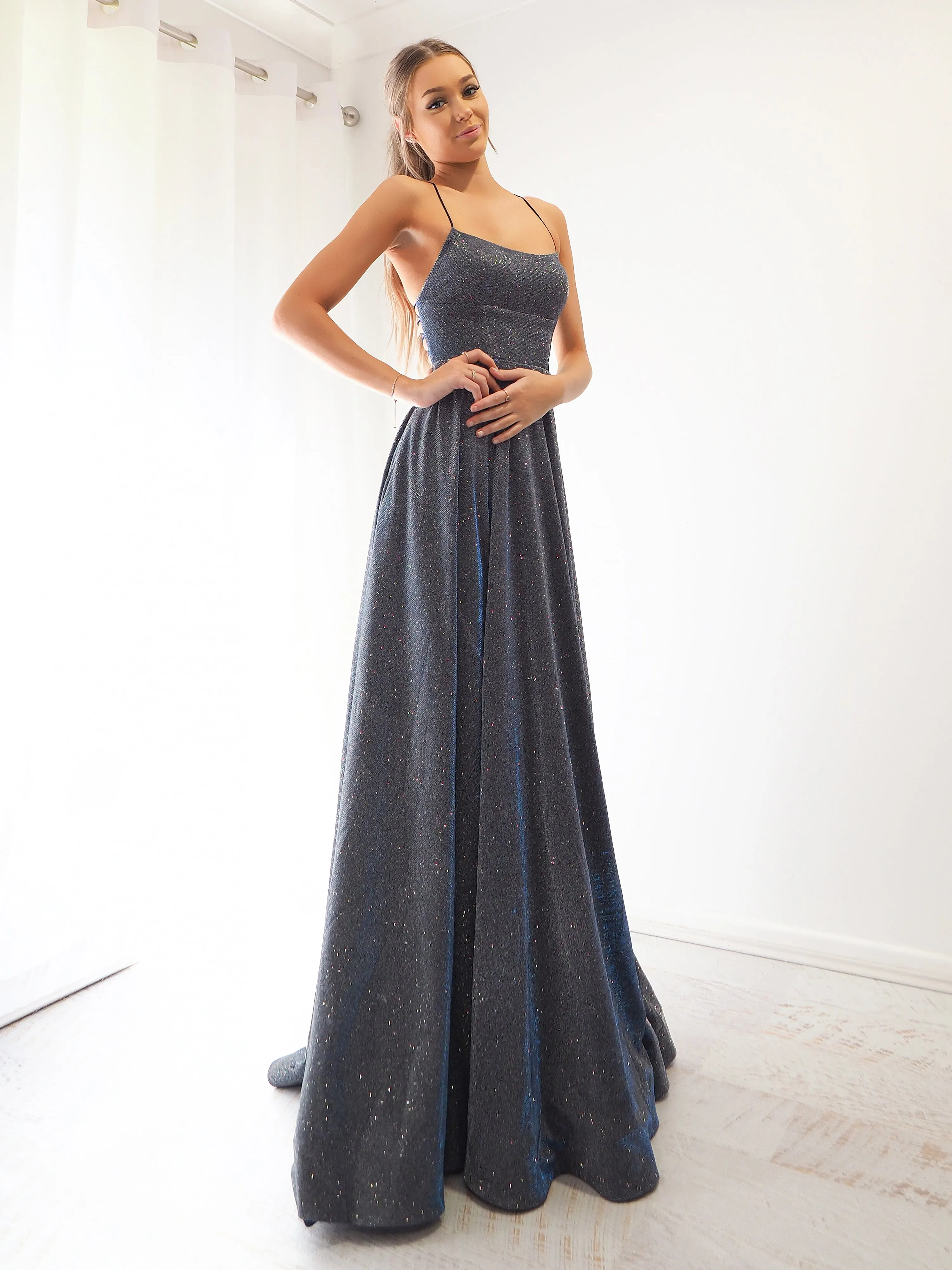 Sparkling holographic electrifying blue dress with slit
