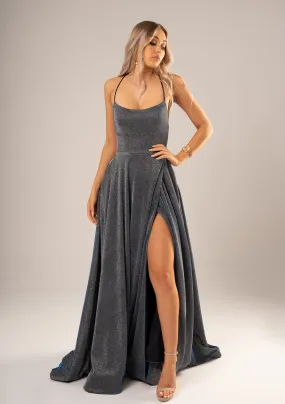 Sparkling holographic electrifying blue dress with slit