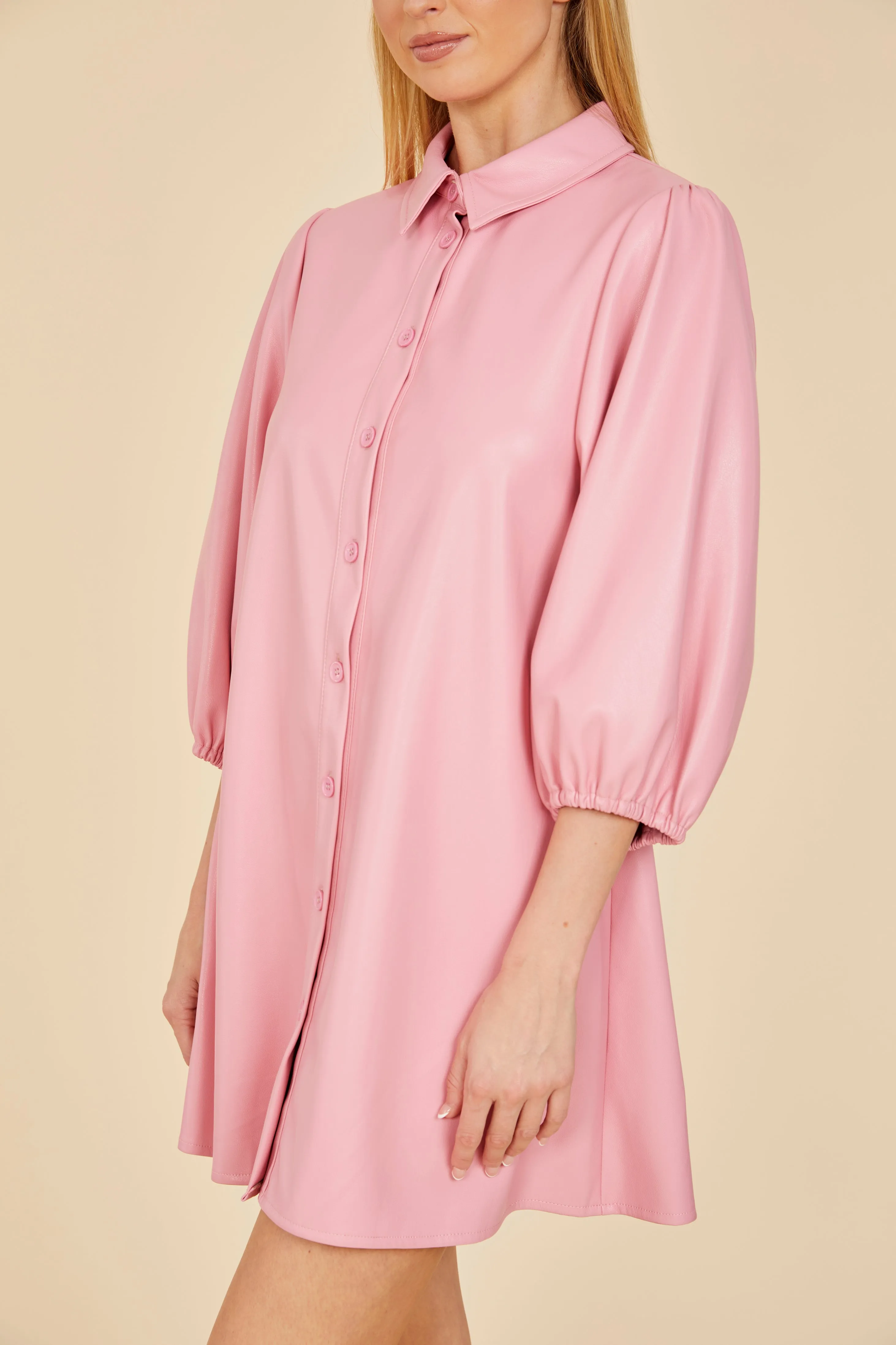 SS'24 Faux Leather Puff Sleeve Dress