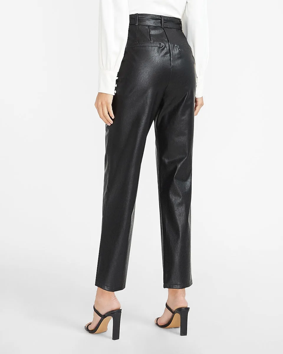 Super High Waisted Vegan Leather Belted Ankle Pant in Pitch Black