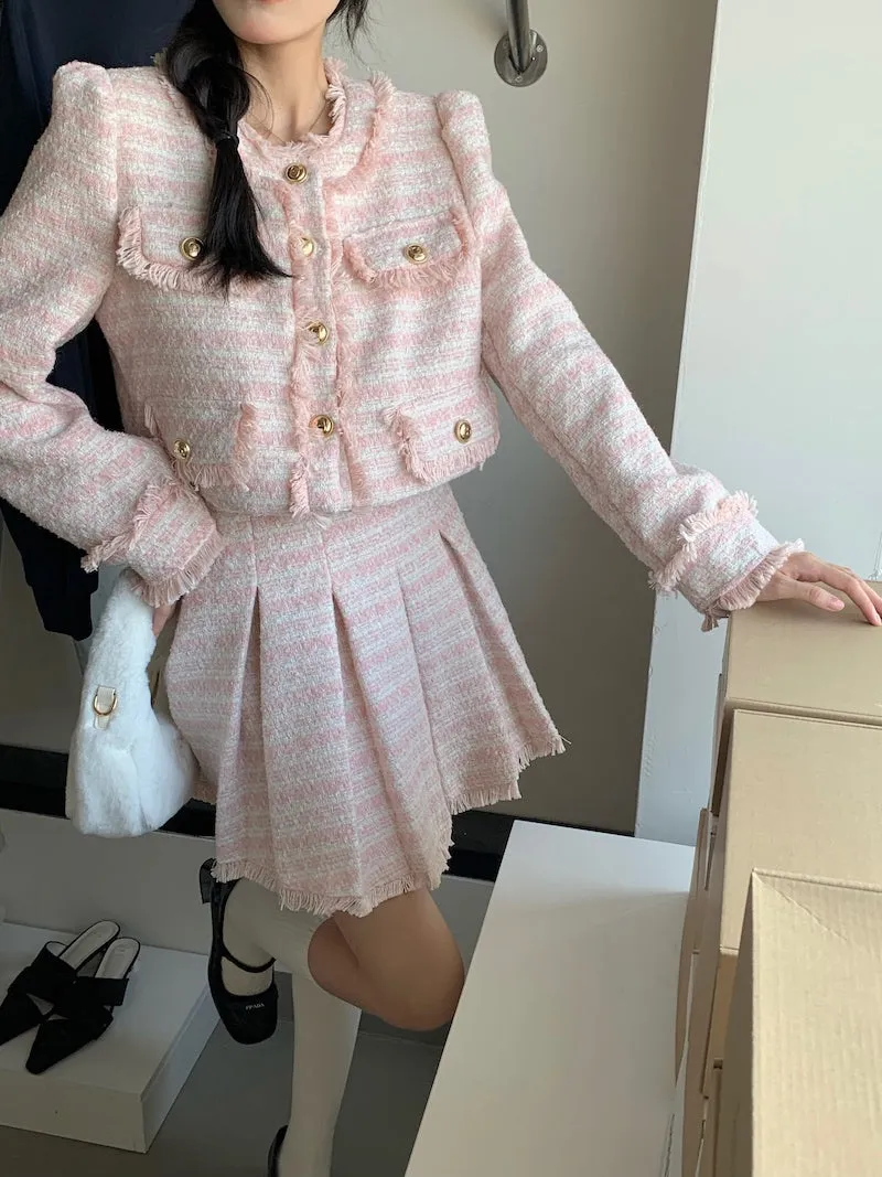 Sweet Pink Jacket & Pleated Skirt Two Piece Set