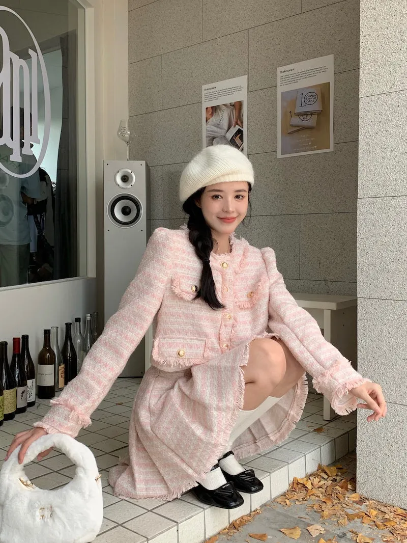 Sweet Pink Jacket & Pleated Skirt Two Piece Set