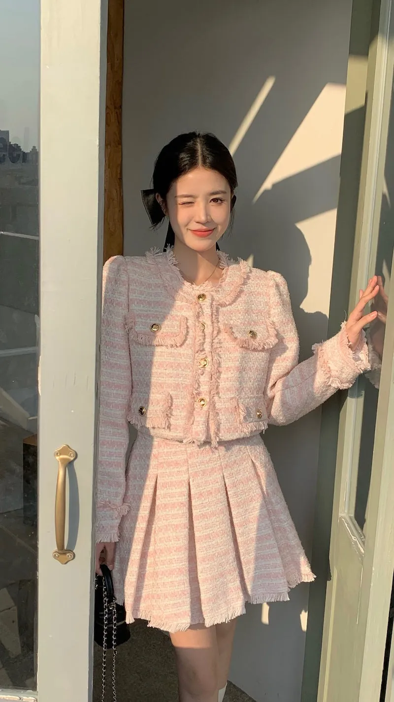 Sweet Pink Jacket & Pleated Skirt Two Piece Set