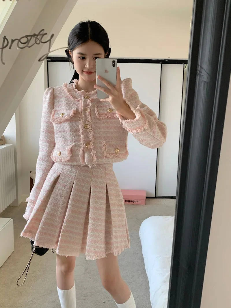 Sweet Pink Jacket & Pleated Skirt Two Piece Set