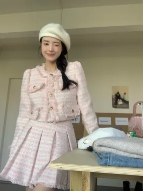 Sweet Pink Jacket & Pleated Skirt Two Piece Set