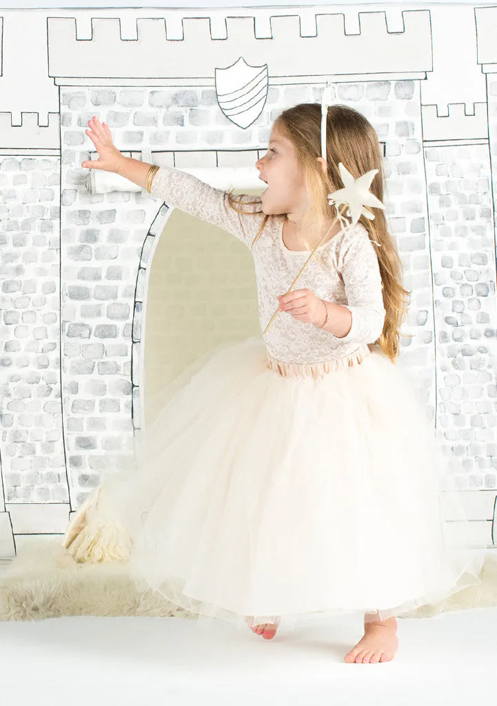 TC1747T 2PC Set Allover Lace Long Sleeve Bodysuit & Ankle Length Romantic Tutu Skirt Set