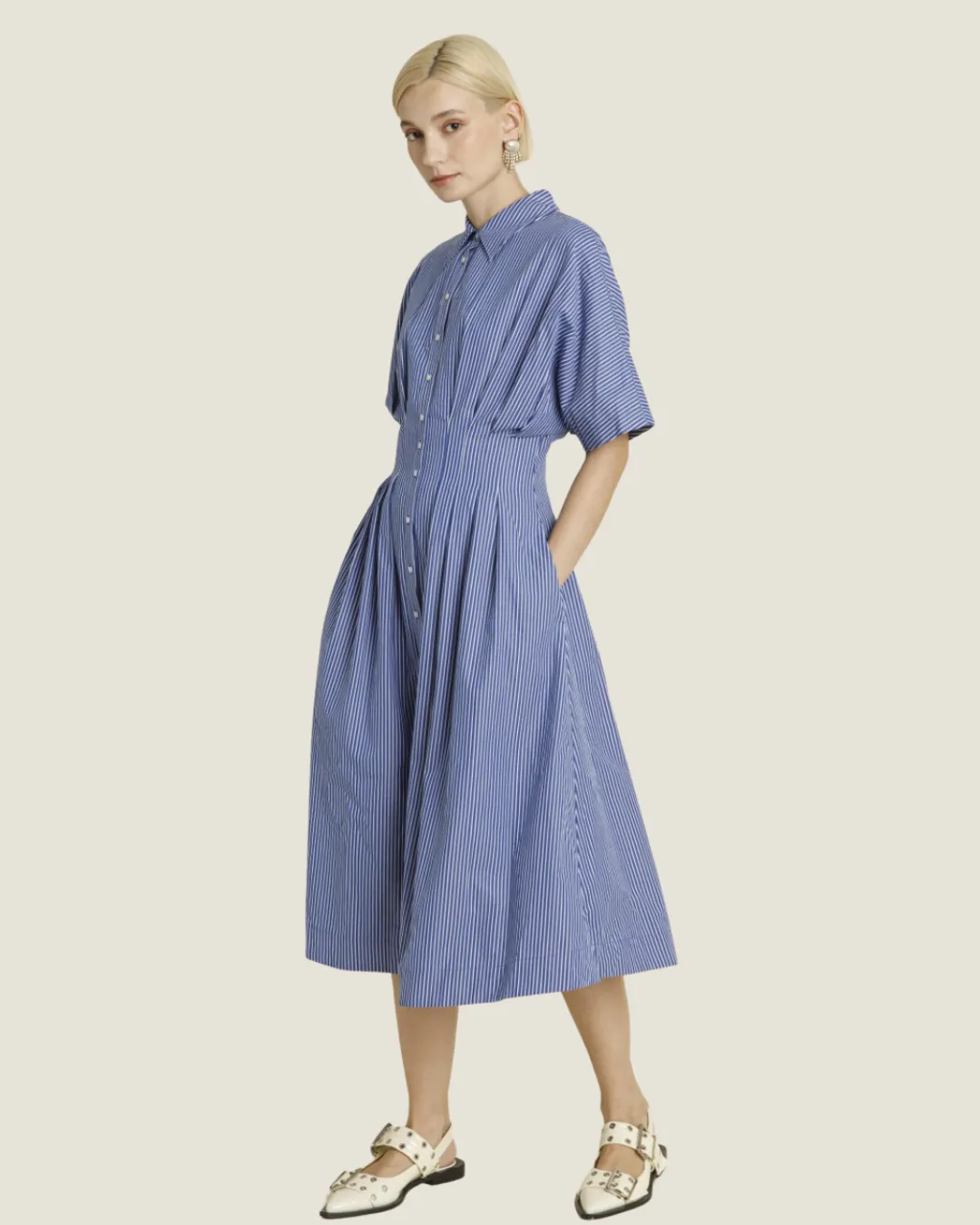The Julie: Short Sleeve Buttoned Pleated Midi Dress
