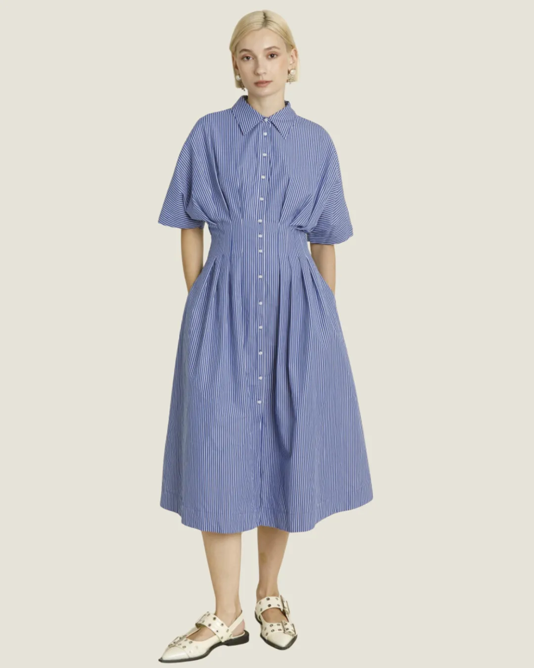 The Julie: Short Sleeve Buttoned Pleated Midi Dress