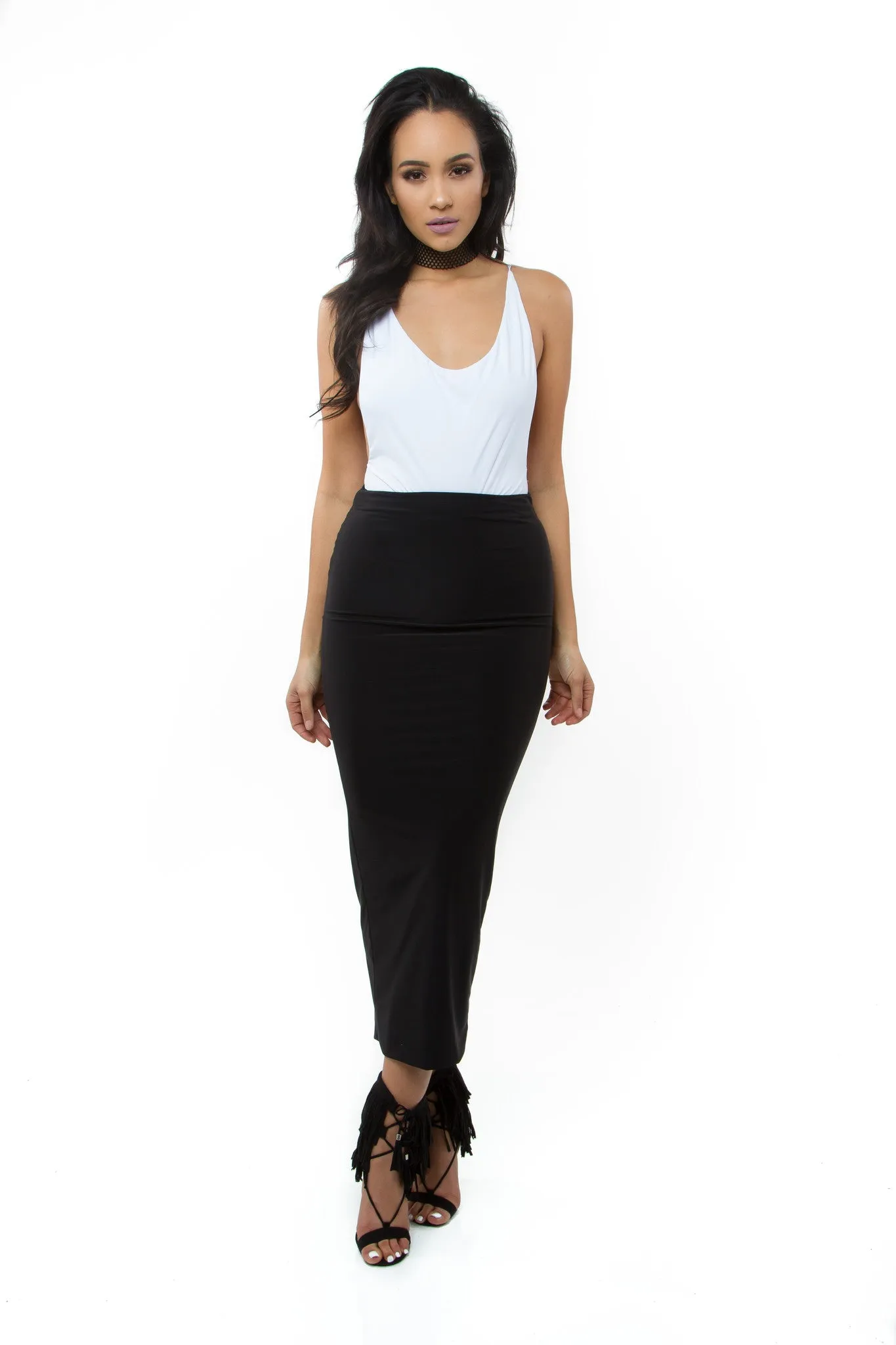 THE MYSTYLEMODE WHITE SPAGHETTI STRAP SCOOP NECK LOW CUT SIDE BODYSUIT