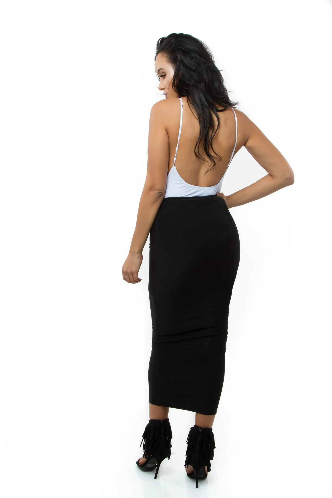 THE MYSTYLEMODE WHITE SPAGHETTI STRAP SCOOP NECK LOW CUT SIDE BODYSUIT