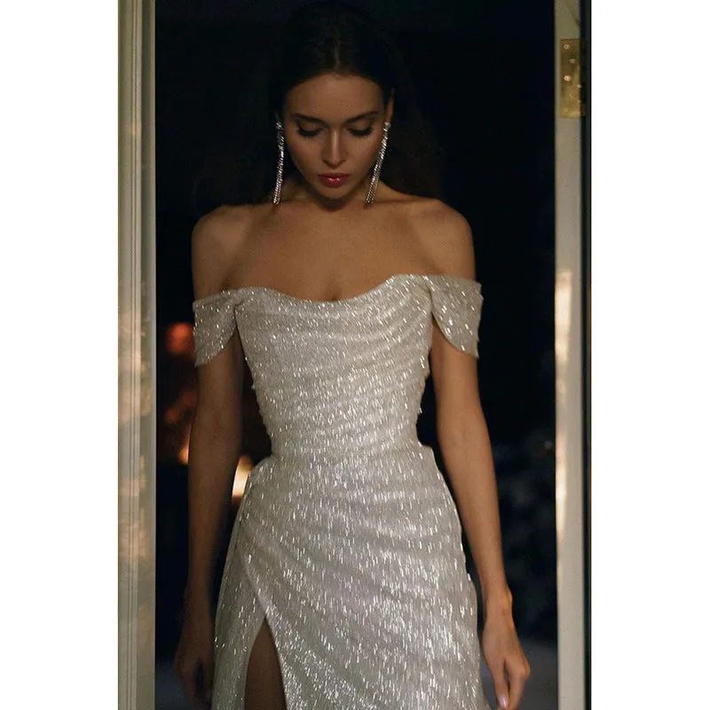Toleet 2000s fashion off-Shoulder Light Luxury Evening Dress Women's High-End Banquet Elegant Lady Host High-End Niche Sexy Dress