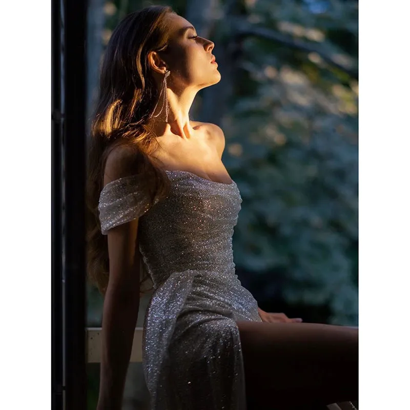 Toleet 2000s fashion off-Shoulder Light Luxury Evening Dress Women's High-End Banquet Elegant Lady Host High-End Niche Sexy Dress