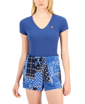 Tommy Jeans Women's Short Sleeve V Neck Bodysuit Blue Size Large