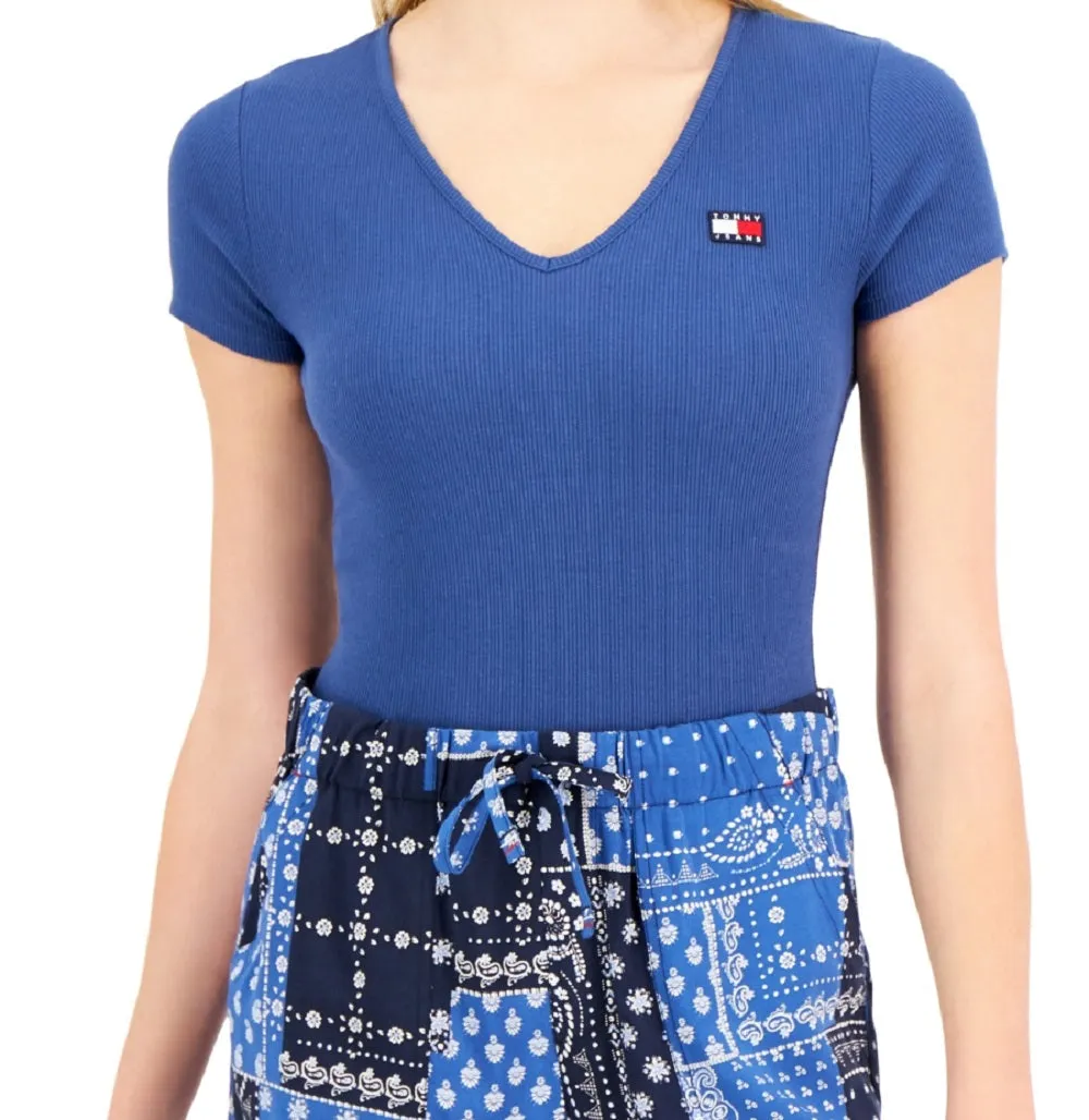 Tommy Jeans Women's Short Sleeve V Neck Bodysuit Blue Size Large