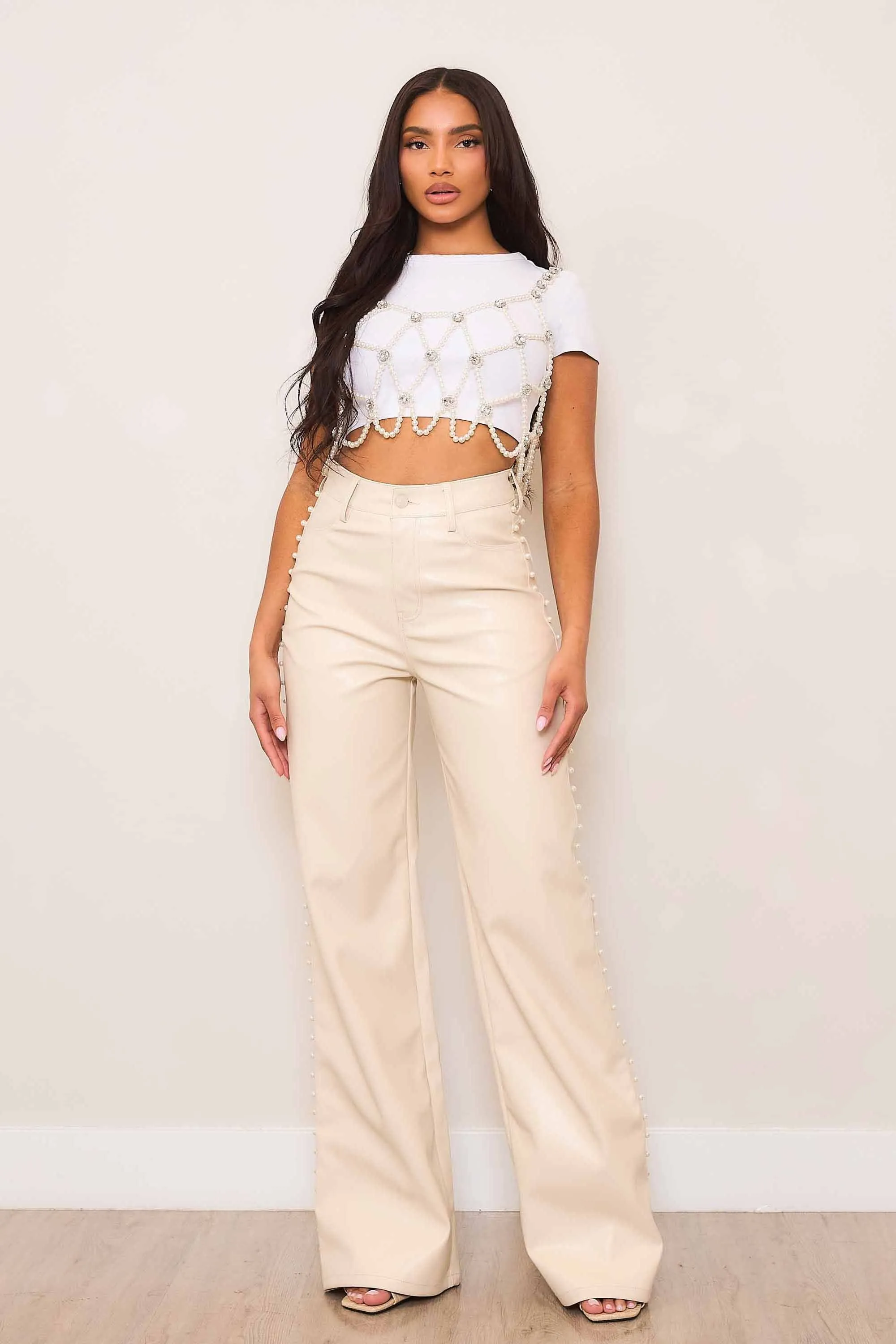 Vegan Leather Wide Leg Pants With Pearl