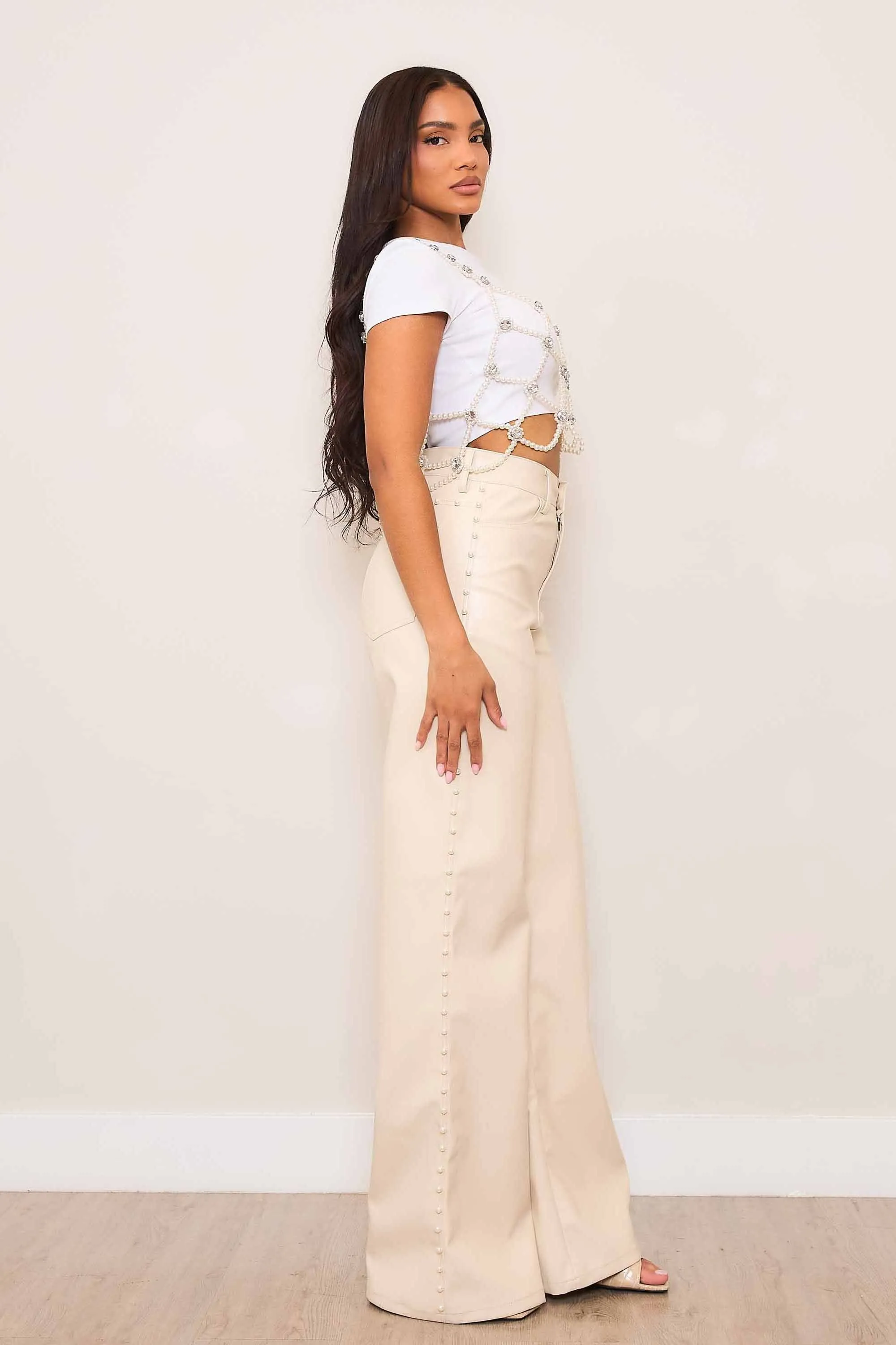 Vegan Leather Wide Leg Pants With Pearl