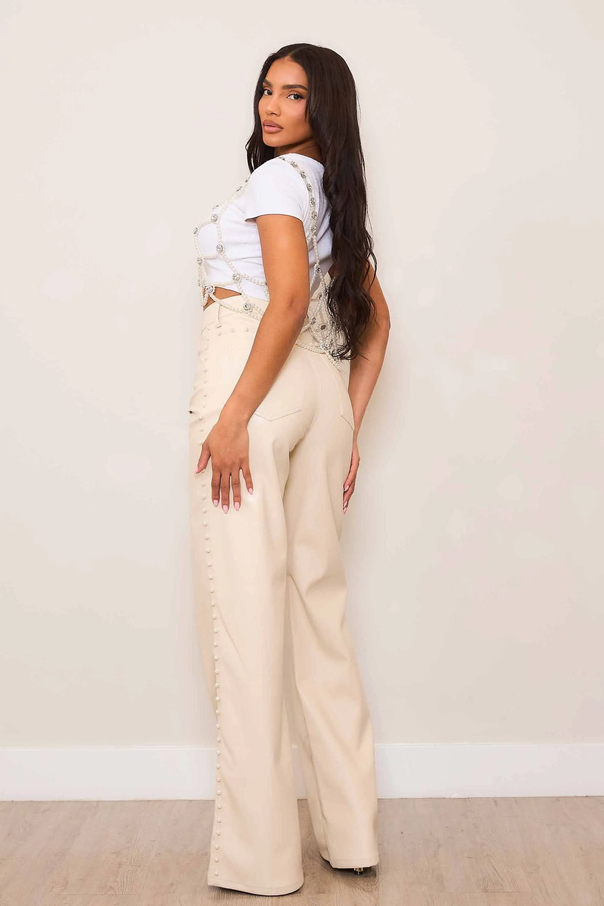 Vegan Leather Wide Leg Pants With Pearl