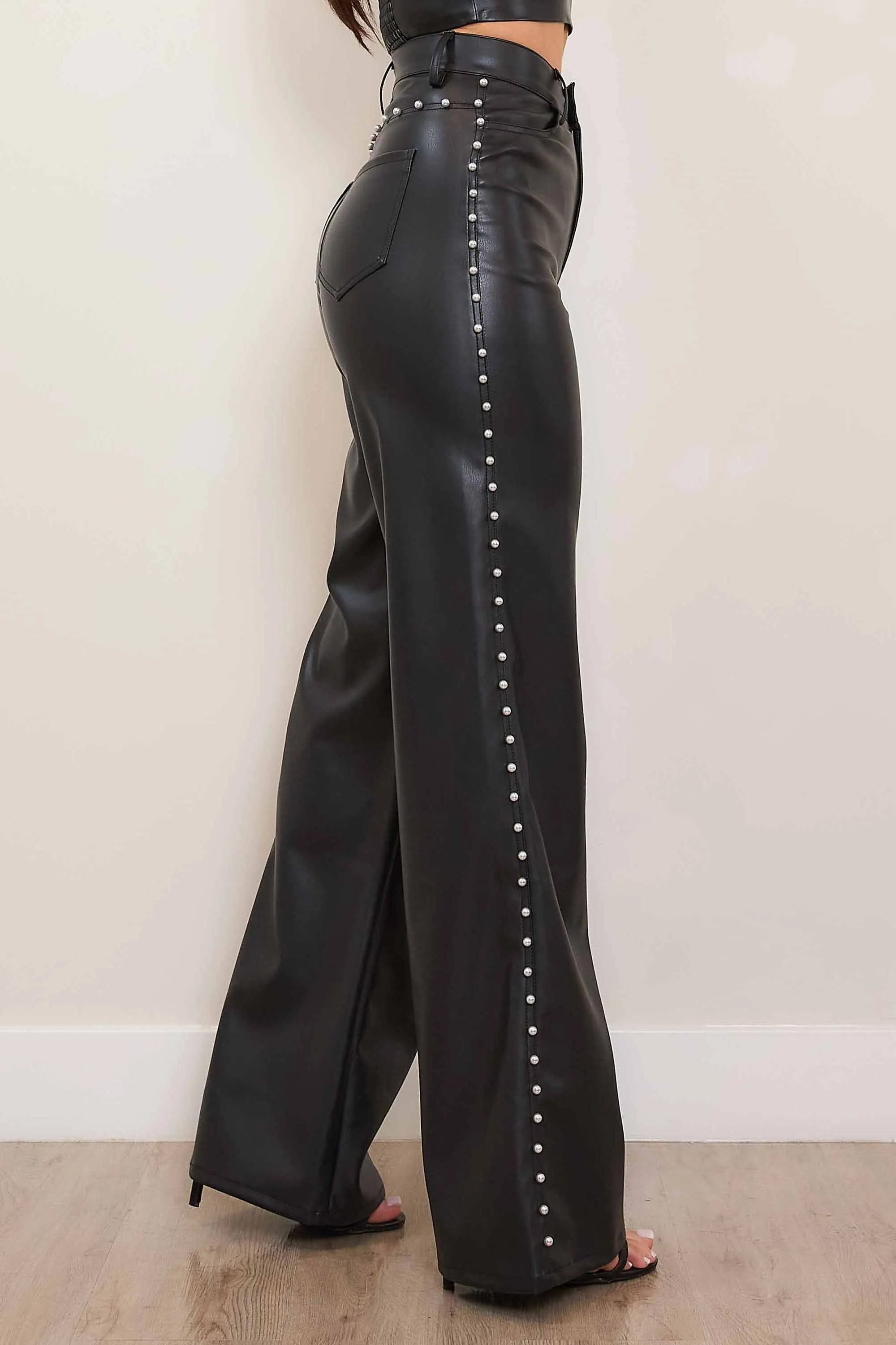 Vegan Leather Wide Leg Pants With Pearl
