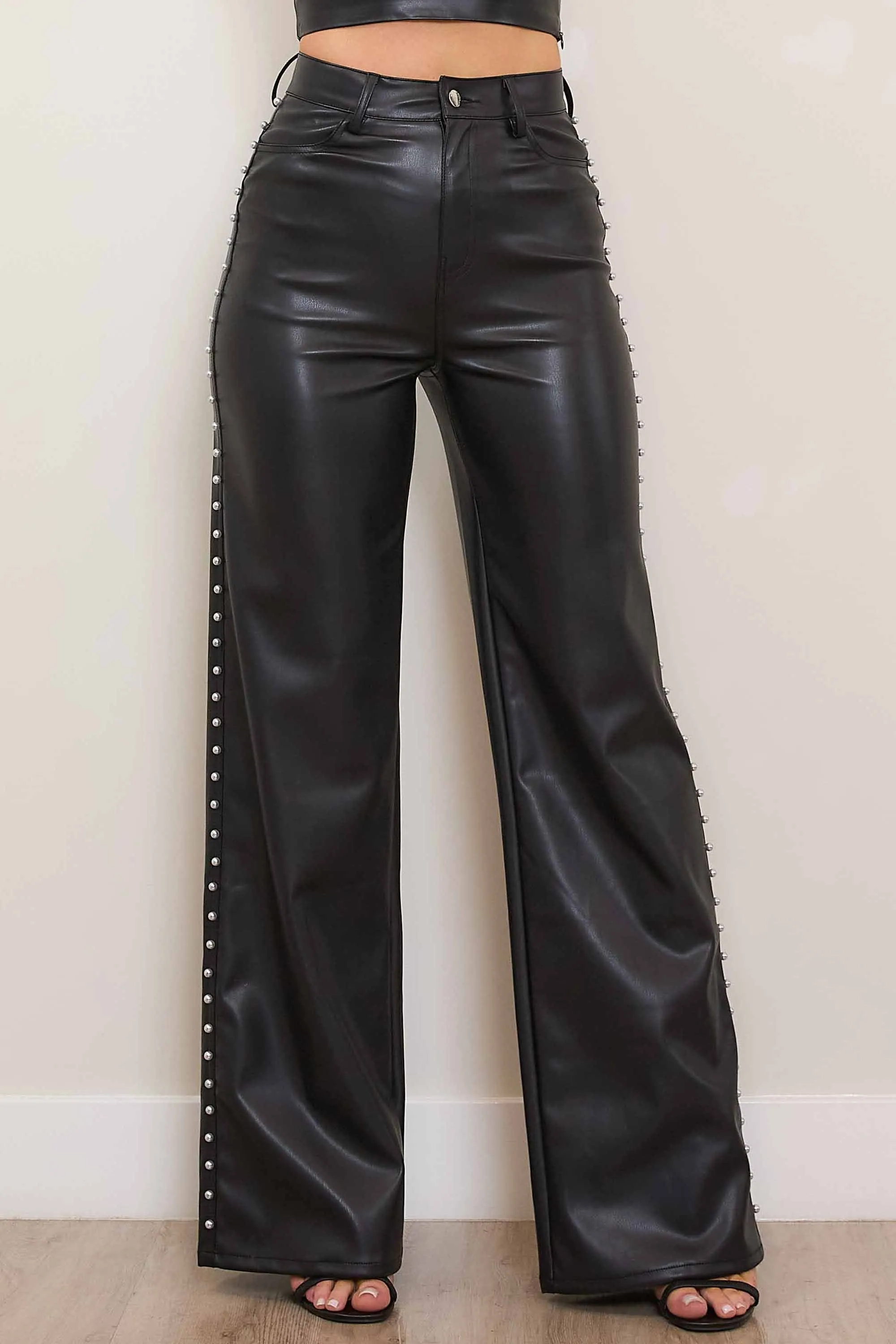 Vegan Leather Wide Leg Pants With Pearl