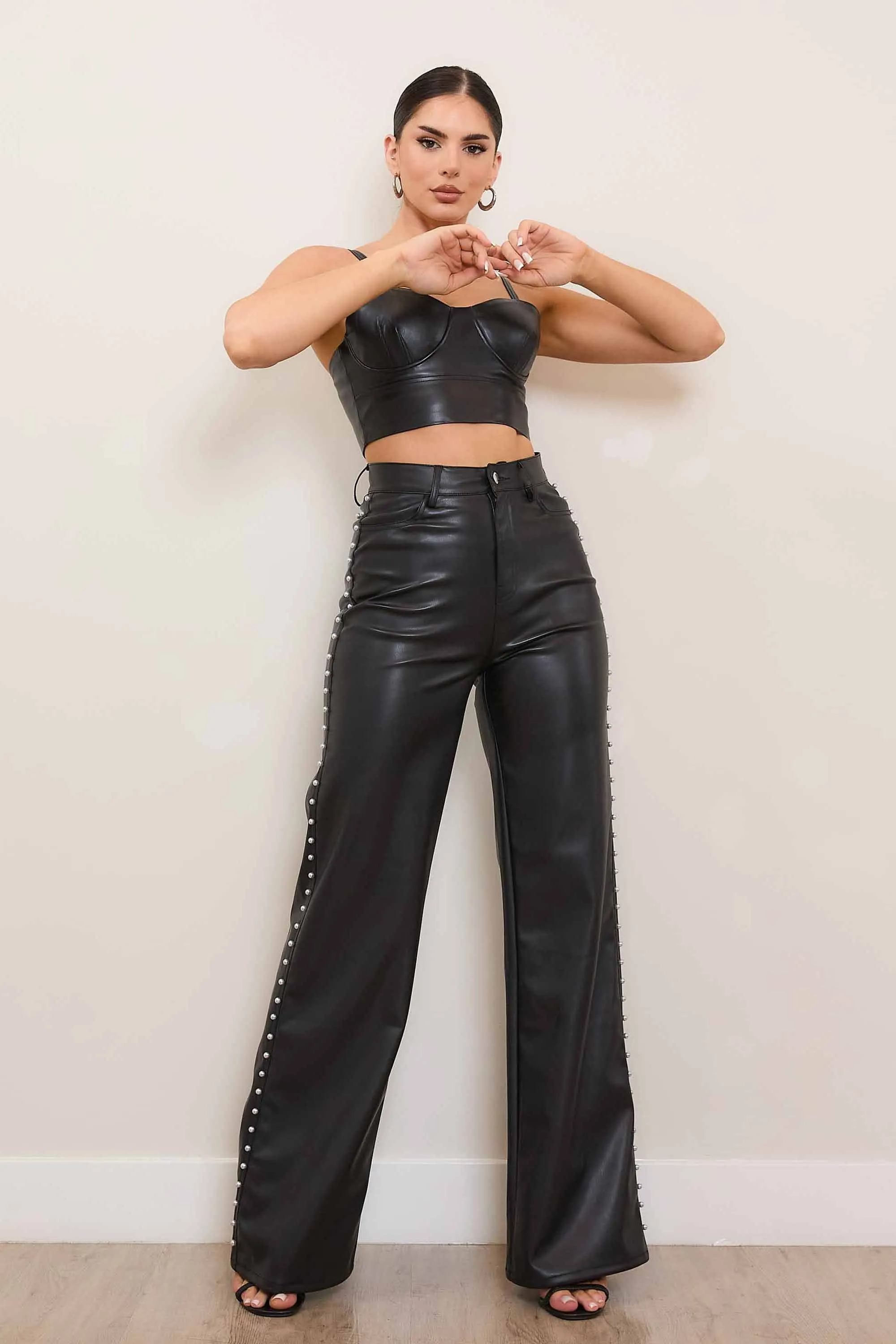 Vegan Leather Wide Leg Pants With Pearl