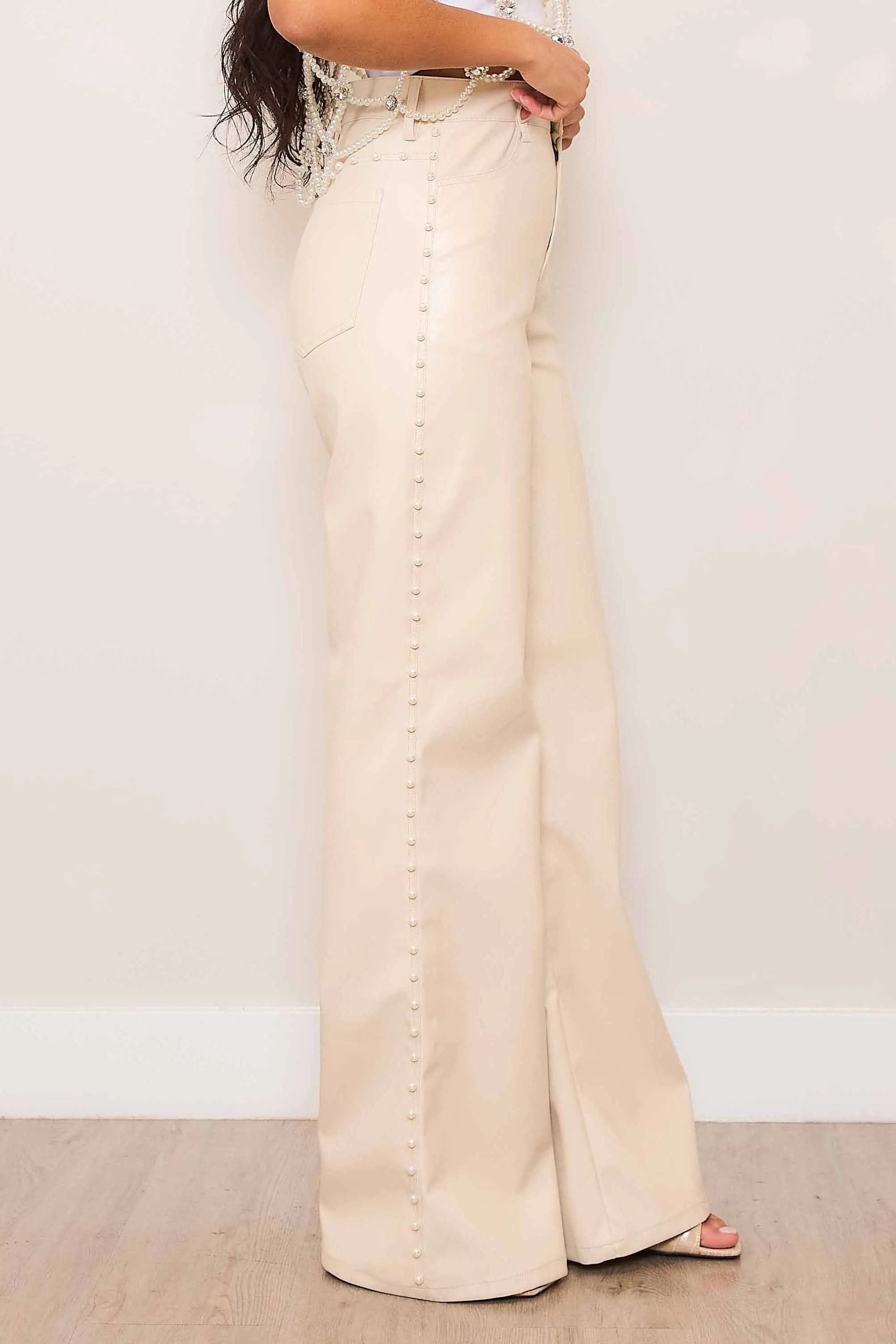 Vegan Leather Wide Leg Pants With Pearl