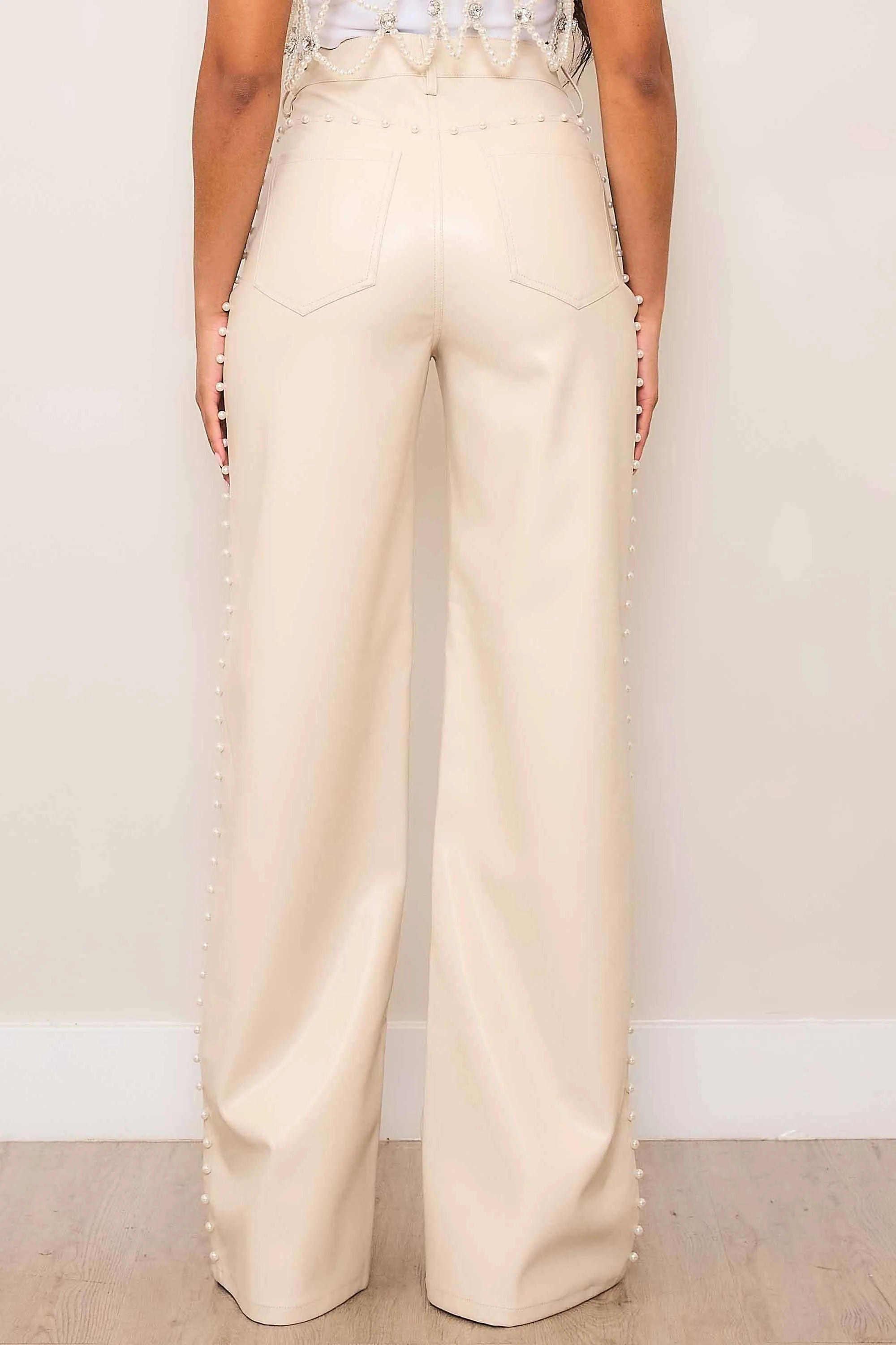 Vegan Leather Wide Leg Pants With Pearl