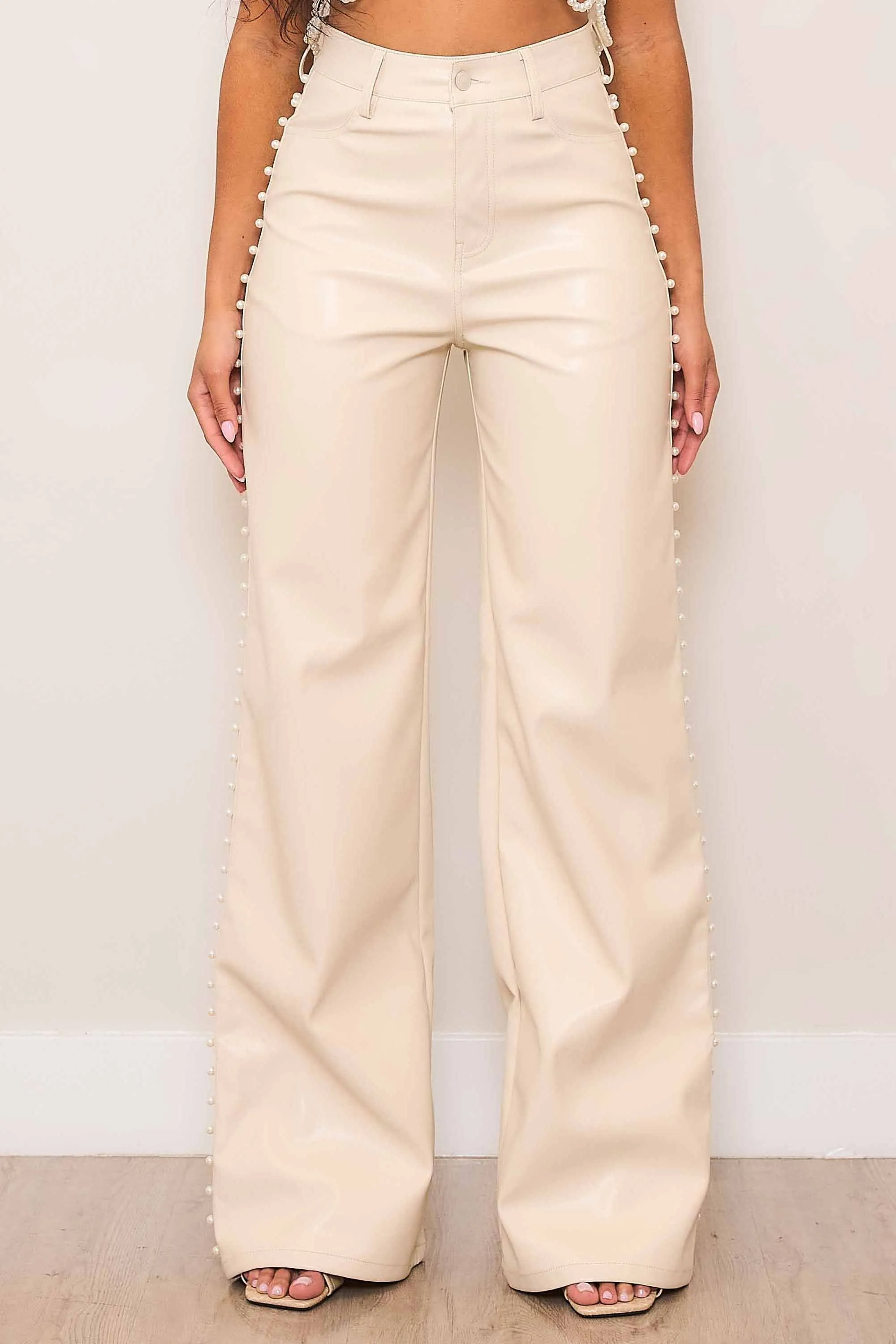 Vegan Leather Wide Leg Pants With Pearl