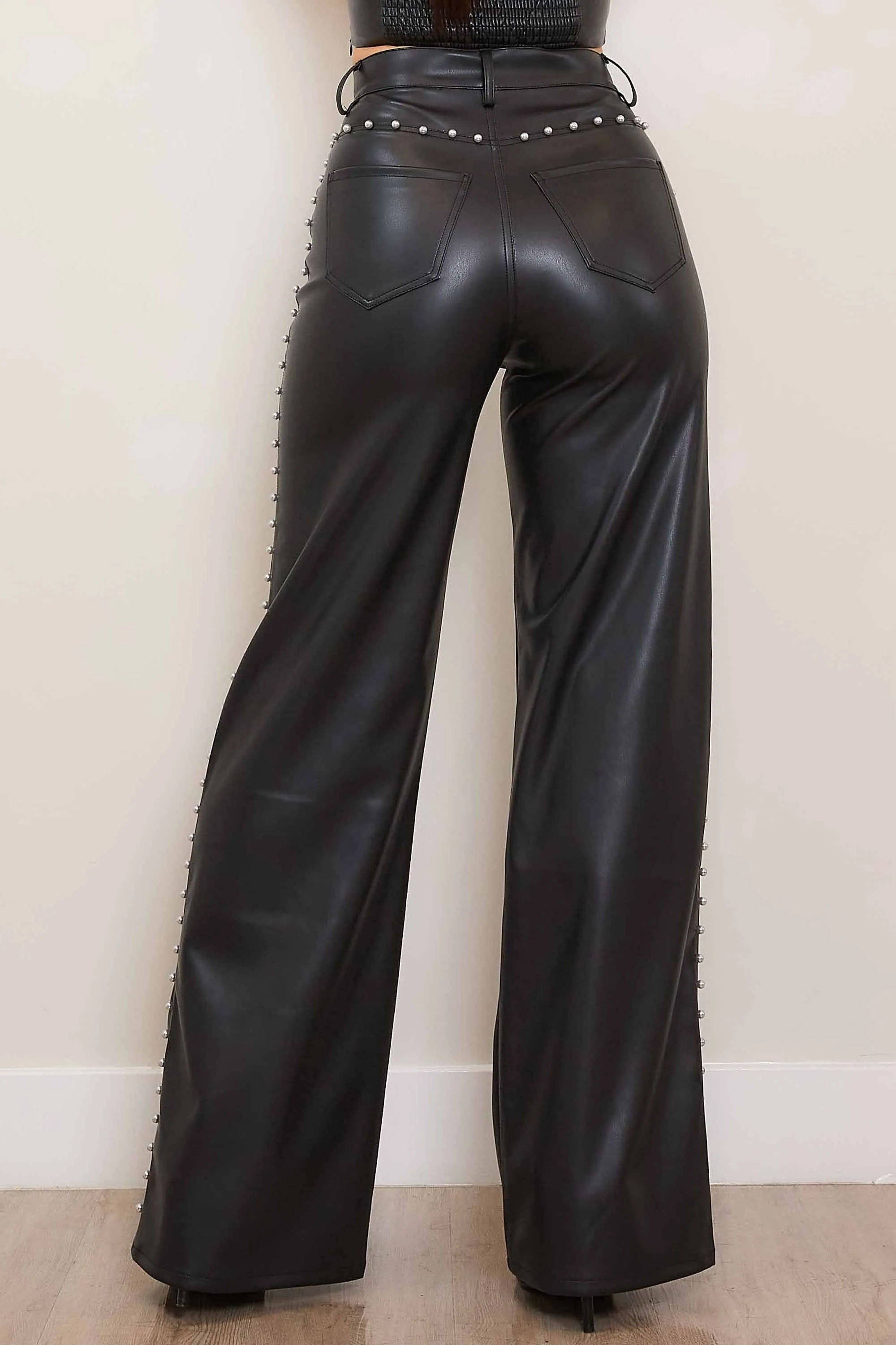 Vegan Leather Wide Leg Pants With Pearl