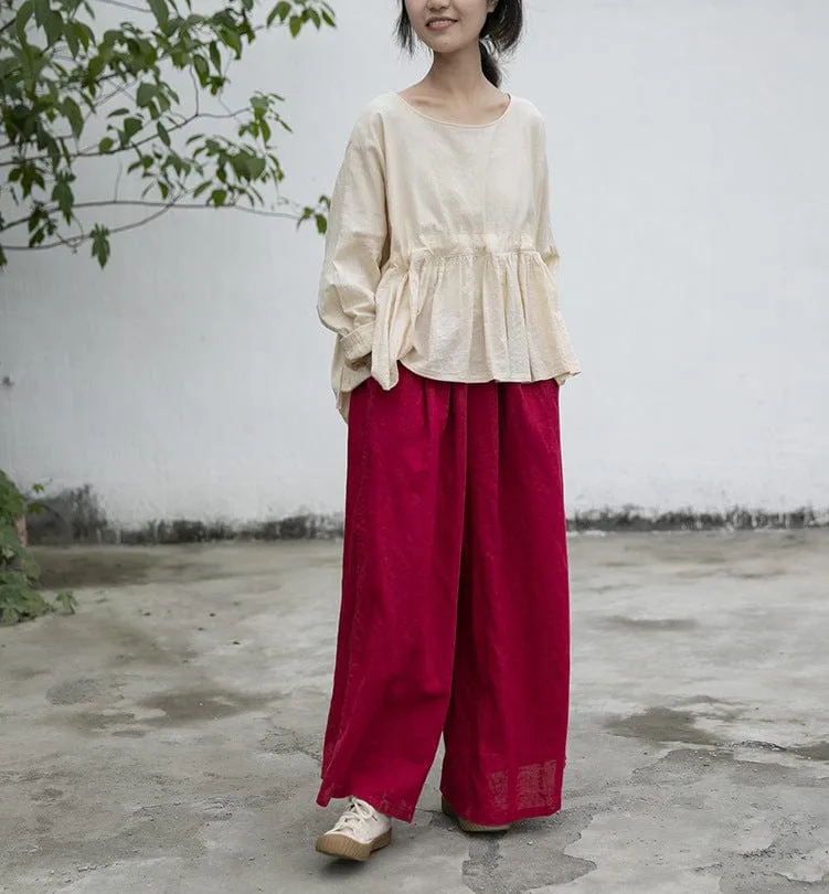 Vibrant Red Cotton Linen Palazzo Pants | Lotus