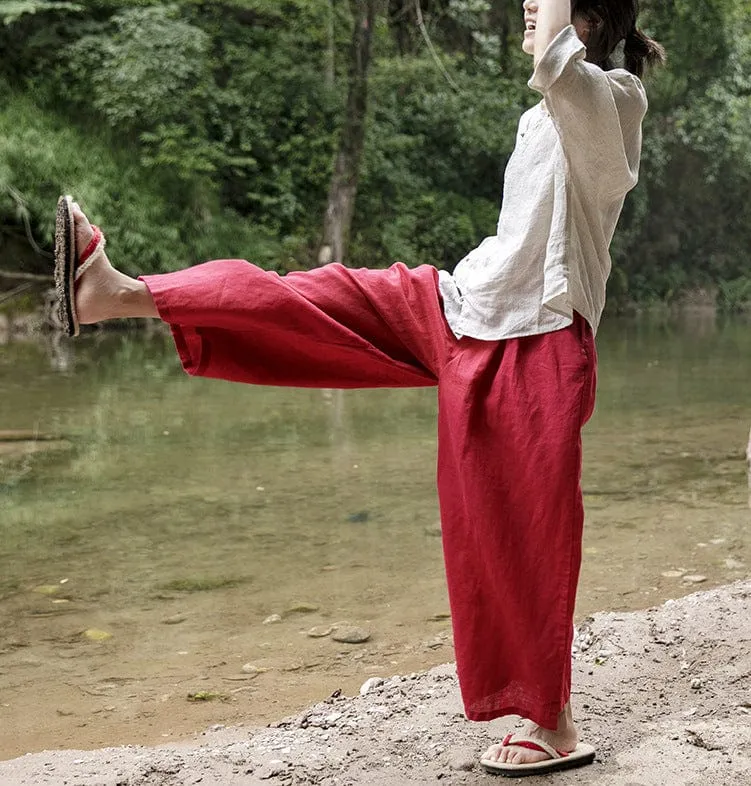 Vibrant Red Cotton Linen Palazzo Pants | Lotus