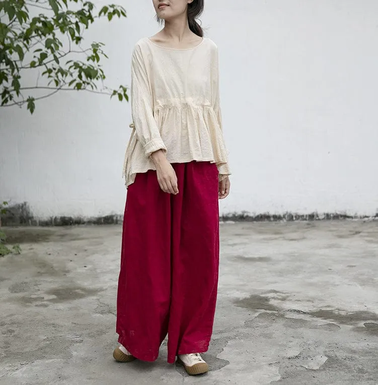 Vibrant Red Cotton Linen Palazzo Pants | Lotus